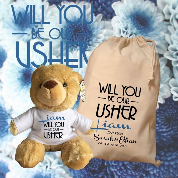 Personalised Usher Teddy Bear With Matching Gift Bag - Liam Design - Wedding Favour, Wedding Gift